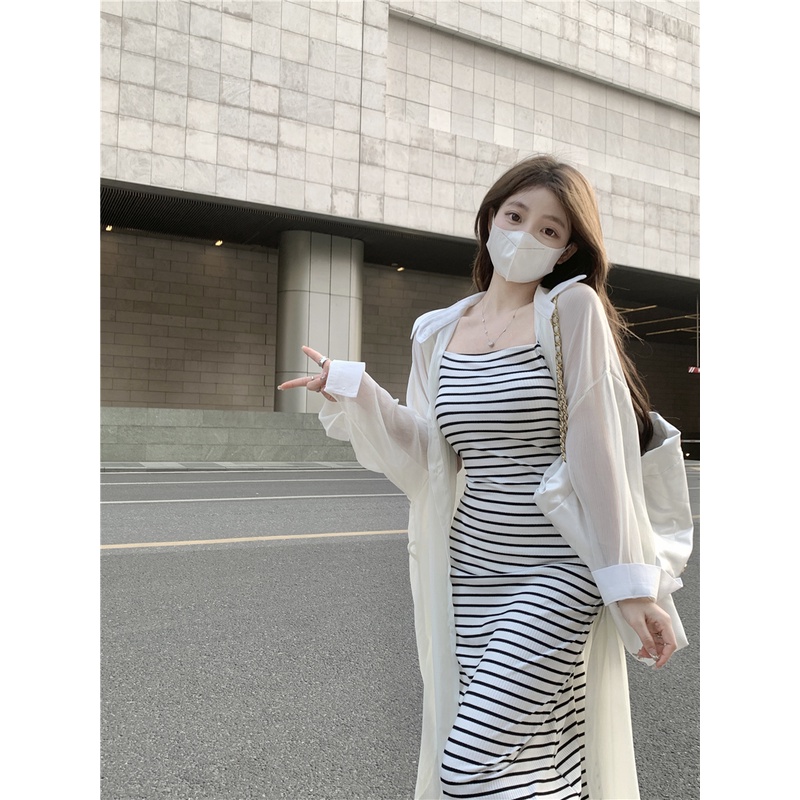 ☄#COD Suhao Keinginan Murni Angin Bergaris Suspender Gaun Wanita Musim Panas 2023 Baru Gadis Seksi Rok A-line Tas Hip Panjang rok