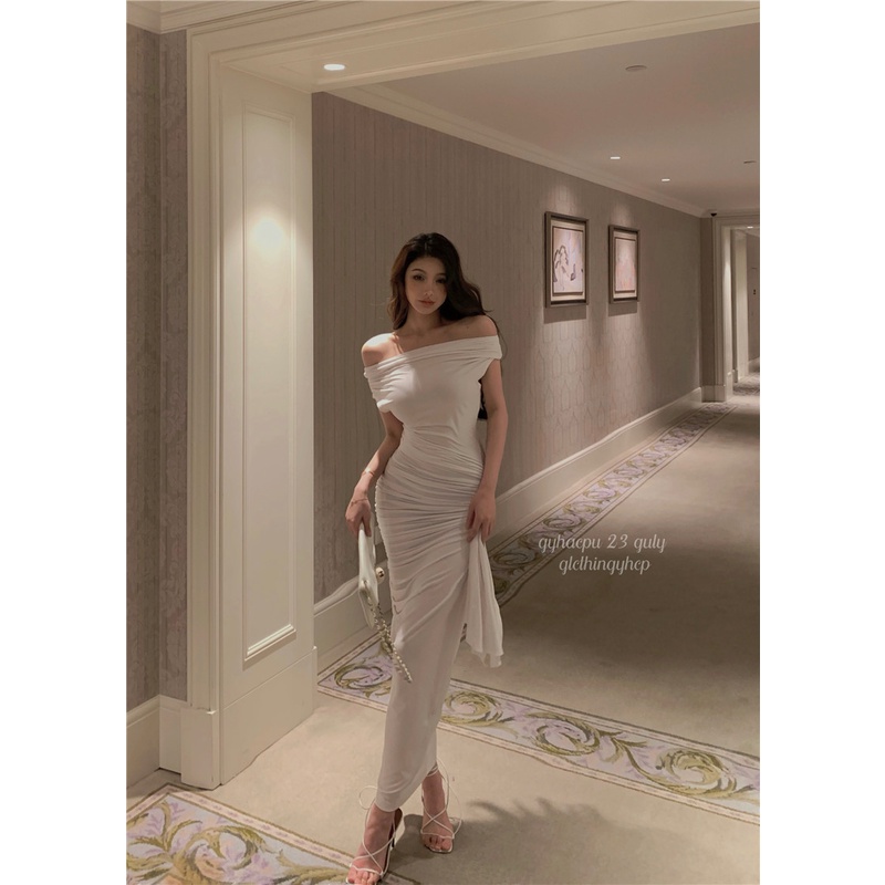 ☸♦#COD Suhao Keinginan Murni Putih Satu Bahu Lengan Pendek Gaun Wanita Musim Panas Gadis Rok Seksi Pinggang Ketat Tas Hip mid-Length Rok