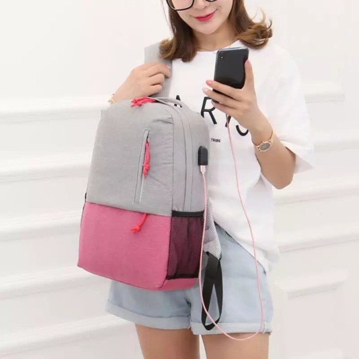 Tas ransel Tas Ransel Laptop USB Port Anti Maling Tas Ransel Pria Wanita - Hitam - Biru(L1C3) ransel