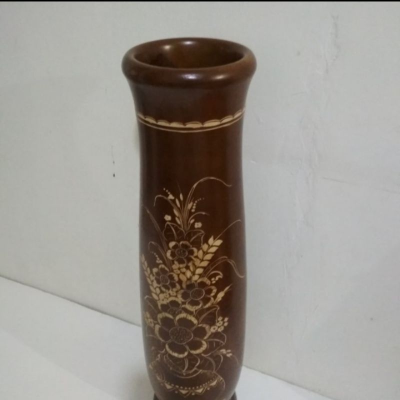 vas bunga kayu jati ukiran bunga
