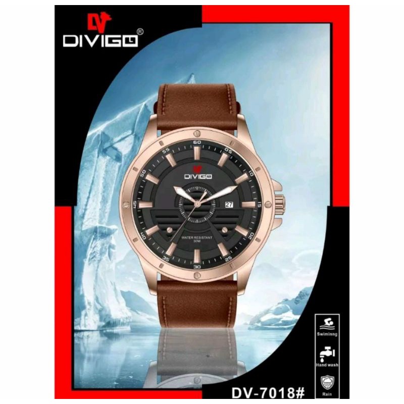 Jam Tangan Dv 7018 Original Divigo Watch's Kulit Leather Pria Tanggal Aktif