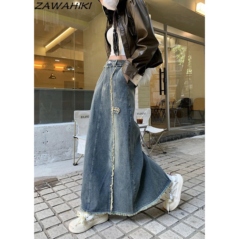 Y2K Rok Denim Streetwear Vintage Selutut, Rok Panjang Denim Midi Pinggang Tinggi Lurus, Rok Maksi Al