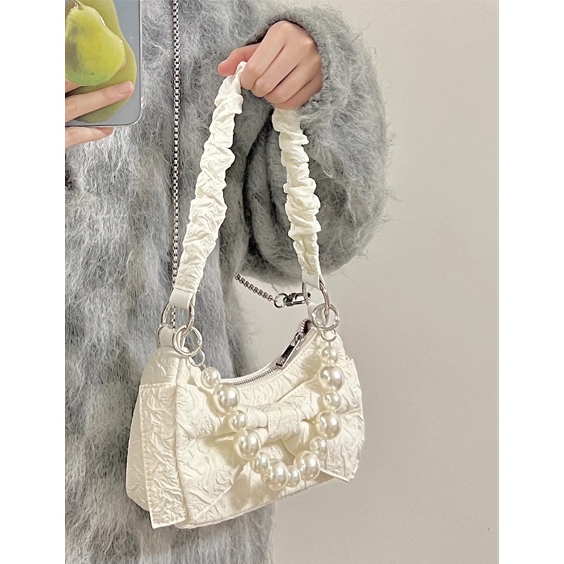 Red 2022 ceruk baru mutiara rantai tangan ketiak tas lipit hot gadis busur satu bahu Messenger tas Baguette tas