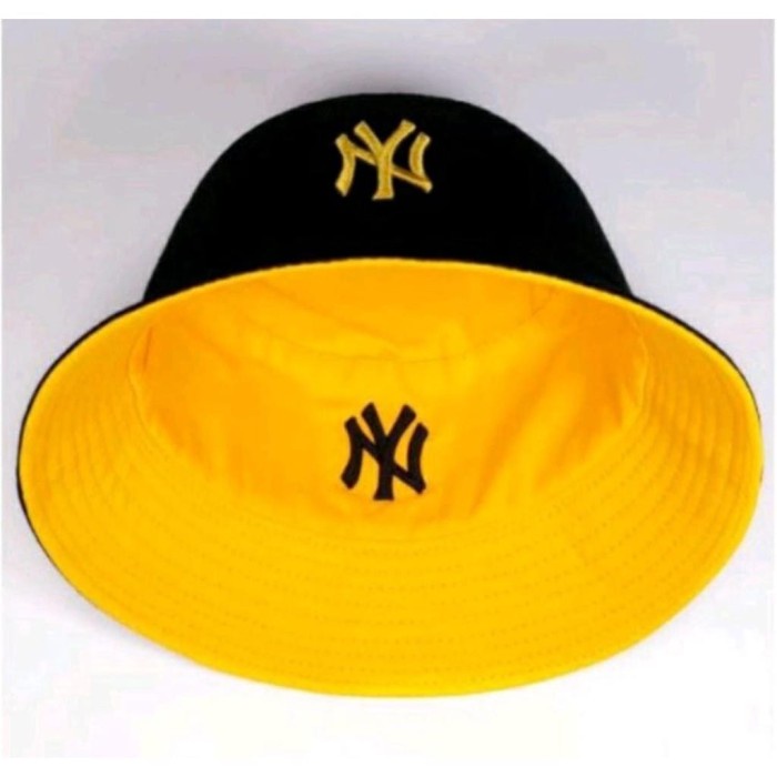 TOPI PRIA ORIGINAL Bucket Hat Pria Wanita Dua Sisi Bordir NY / Bucket Premium - Hitam Kuning, All Si