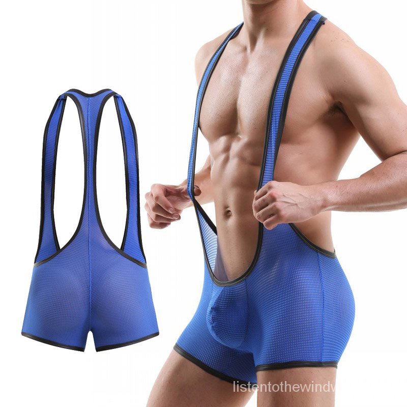 New Men Bodysuit Underwear Sheer Teddies Lingerie Sexy Transparent Hollow-out Mesh Jumpsuit Singlet