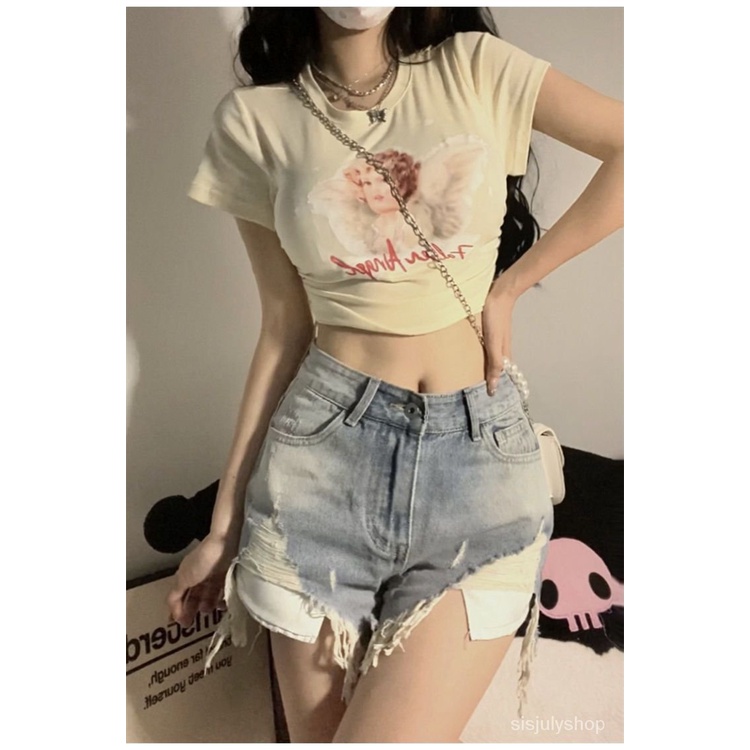 [✅BISA COD] #Sisjuly# Atasan Y2K wanita / kaos lengan pendek leher bulat dasi serut motif kerub / at