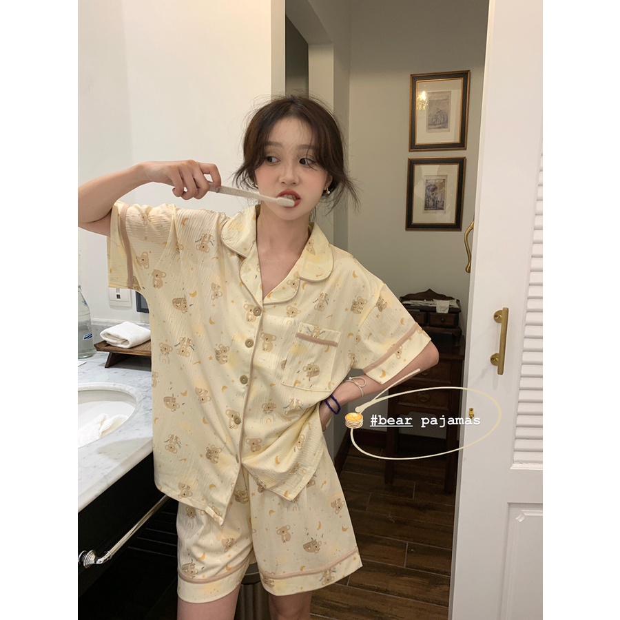 ♘❏☑stelan baju tidur wanita Xinbangbang Homedress summer breathable texture bear pajamas set thin section comfortable home clothes women #COD baju tidur wanita bahan kaos