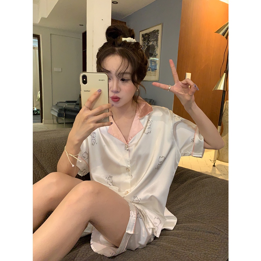 ∈stelan baju tidur wanita Xinbangbang Homedress summer cartoon satin comfort cool feeling pajamas set soft skin-friendly home service women #COD baju tidur wanita bahan kaos