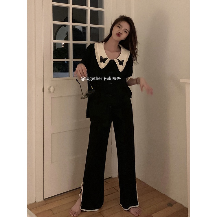 ❀stelan baju tidur wanita pajamas women s summer short-sleeved cotton two-piece set ins bow high-quality thin section slit trousers home service #COD baju tidur wanita bahan kaos