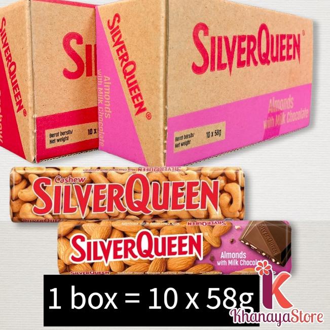 

Limited | KF7 | Silverqueen 58g Cashew ( mente ) dan Almond with milk chocolate 58 gram per 1 box isi 10 pcs / Coklat Silver Queen karton kardus 58gr 58 gram / Silverqueen 58gr 1 box