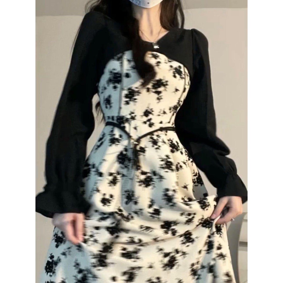 2023Gaun Bunga Platycodon Grandiflorum Gaya Perancis Musim Semi+Set Selendang Dua Potong Wanita midi