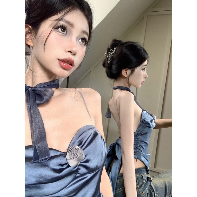 ❒cropped top babes kamisol lipit bunga bagian pendek wanita musim panas tali tidak teratur terlihat tipis terbuka kembali tanpa lengan pakaian atas #COD