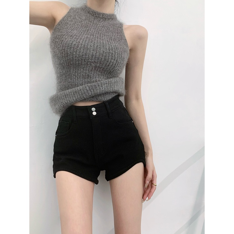 ◙Suhao hot girl a-line straight denim shorts wanita musim panas hitam hot pants kecil pinggang tinggi tipis celana crop top sexy tank top wanita motif