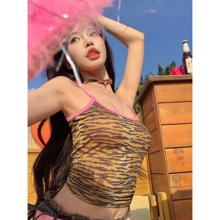 ✇☾✺Suhao manis hot gadis punggung cantik macan tutul cetak kamisol dalam wanita musim panas bottoming kemeja tanpa lengan seksi slim top pakaian luar crop top sexy tank top wanita motif