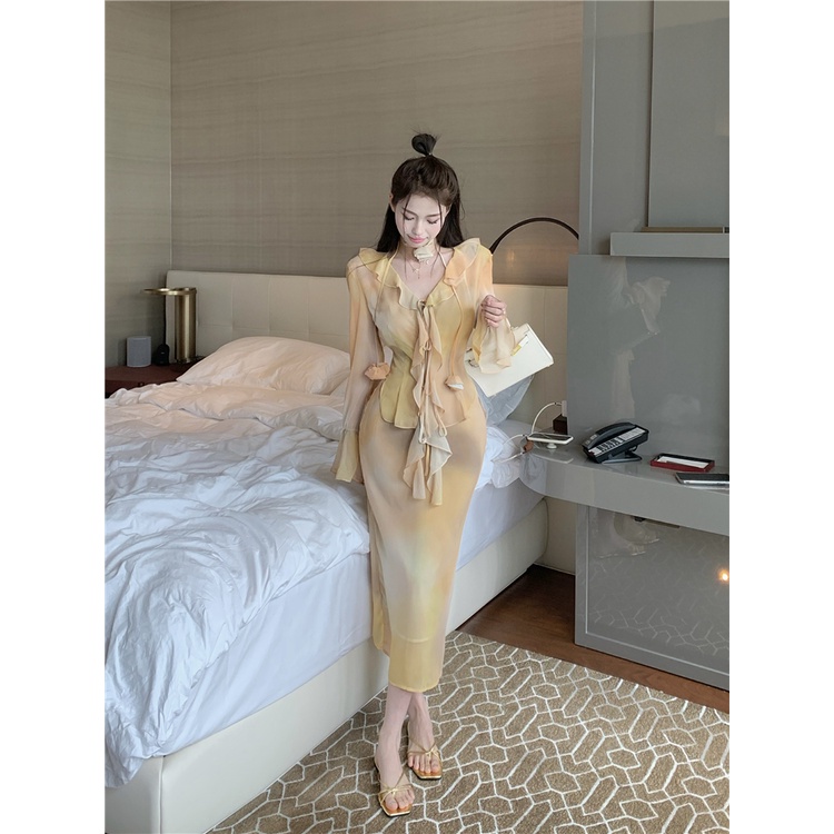 ✓▨☂Suhao sweet chiffon suit halter neck camisole wanita musim panas lengan panjang sunscreen shirt mid-length skirt three-piece set crop top sexy tank top wanita motif