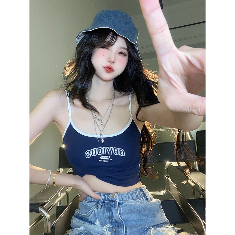 ▨Suhao Amerika retro kamisol wanita musim panas hot gadis rasa desain tanpa lengan pendek ketat bagian dalam top top pakaian luar crop top sexy tank top wanita motif