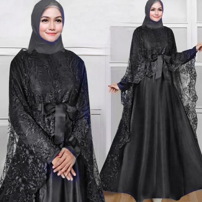ARELINA hitam gamis pesta premium satin brokat tile ami ktf