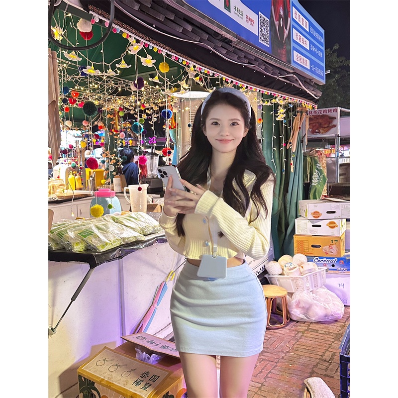 ▩Suhao hot girl lengan panjang rajutan cardigan wanita musim semi bagian tipis keinginan murni tinggi pinggang slim perlindungan matahari mantel manis pendek top crop top sexy tank top wanita motif
