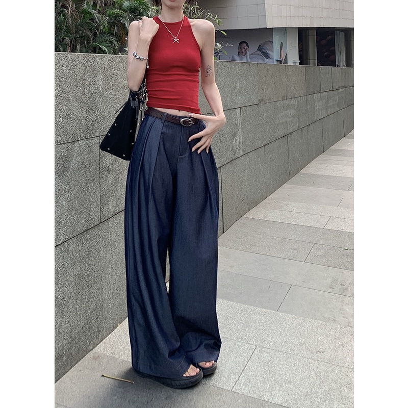 ◕Suhao retro jeans lipit wanita musim panas baru pinggang tinggi longgar slim lurus celana menggantungkan kasual mengepel celana crop top seksi tank top wanita motif