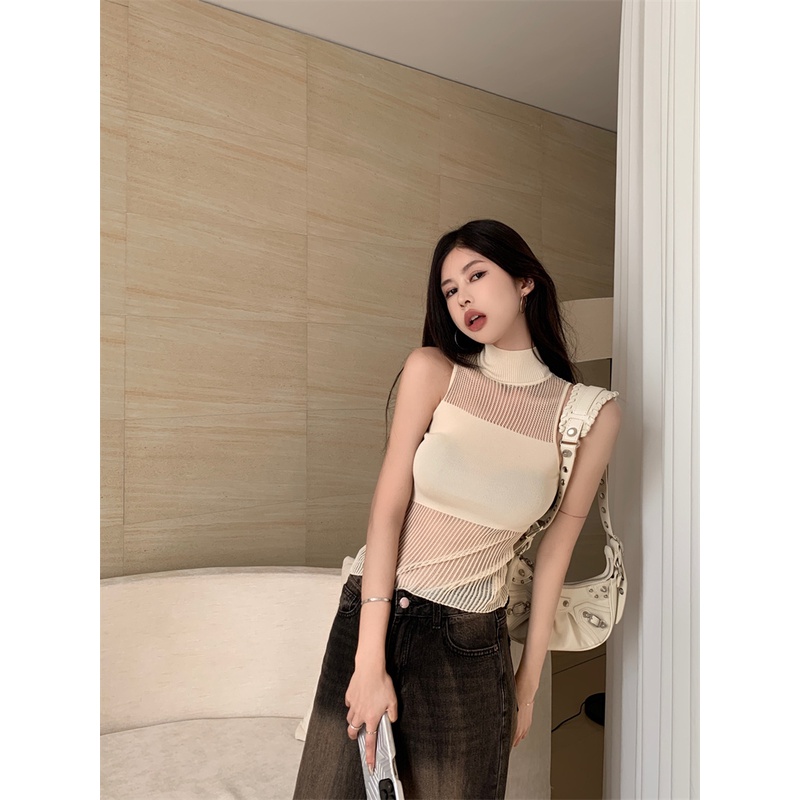 ♀◙Suhao Pure Desire Style Kerah Tinggi Kamisol Rajutan Kamisol Wanita Musim Panas Manis Spice Girls Perspektif Bagian Tipis Inner Wearing Short Tops Outerwear Crop Top Sexy Tank Top Wanita Motif