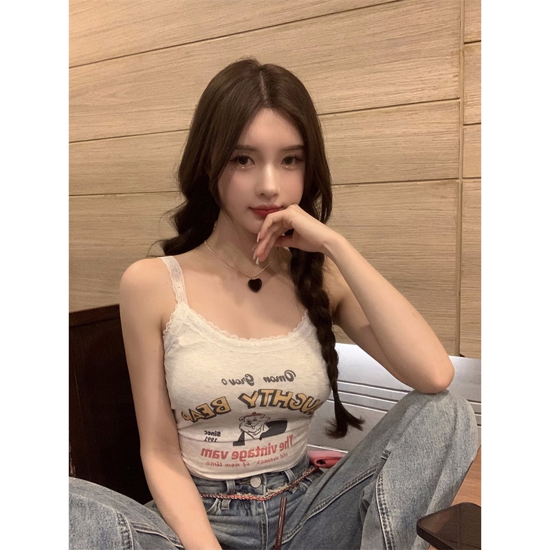 ✽Suhao manis keren hot gadis renda renda kamisol wanita musim panas batin cetak ketat slim fit pendek top pakaian luar crop top sexy tank top wanita motif