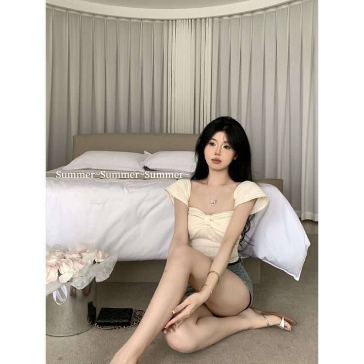 Red Keinginan Murni Gaya Hot Girl Niche Lengan Pendek Wanita Musim Panas Seksi Busur Budidaya Diri Slim Pendek Tube top One-Shoulder Top