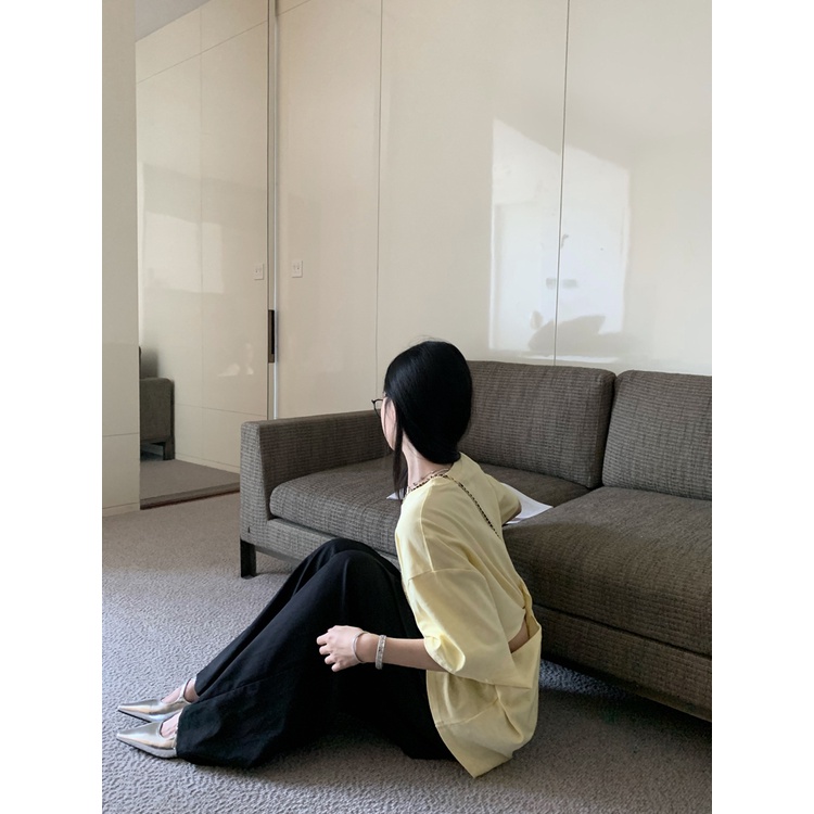 Red kaos Kuning Longgar Cetak Huruf Lengan Pendek T-shirt Wanita Musim Panas Rasa Desain Kembali Hollow Ketegaran Panjang In top