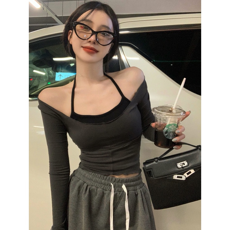 Red kaos Kecil hot gadis seksi setelan slim lengan panjang T-shirt wanita musim panas menggantung leher kecil kamisol atas set dua potong