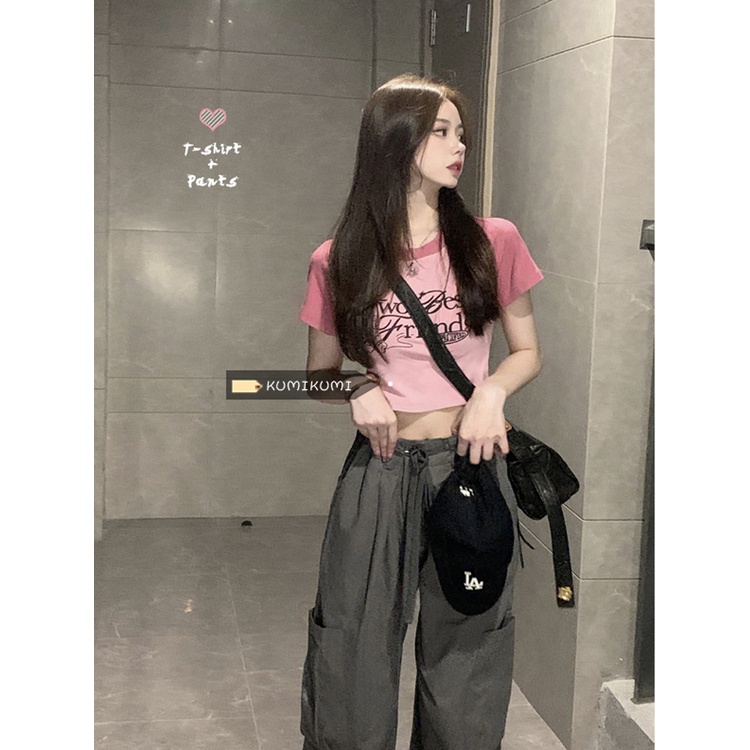 Red Fashion slim suit pink lengan pendek T-shirt top wanita kasual overall musim panas gadis dua potong tren