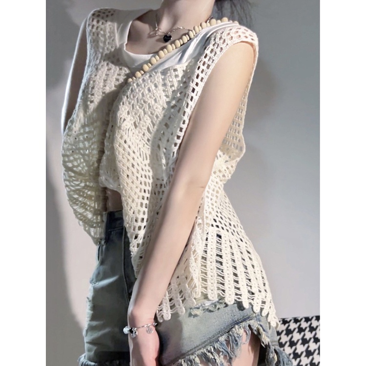 Red Retro Berongga Rajutan Rompi Perempuan Musim Panas Niche Desain Akal Di Luar Memakai Spice Girl Tanpa Lengan Rompi Pendek Top