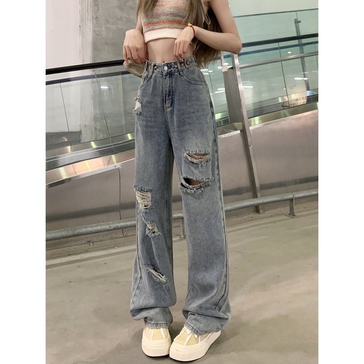 Red American retro high-waist jeans robek lurus-kaki celana wanita musim panas longgar lebar-kaki celana ramping mengepel celana panjang celana