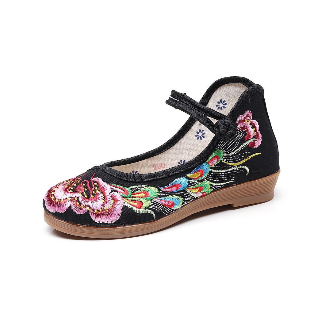 Lianbo tumit rendah wedge wanita elegan bordir elemen Cina sepatu warna polos retro gaya 2023