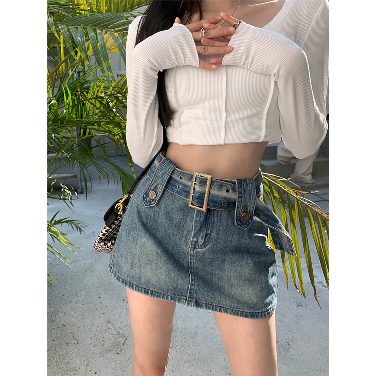 Red Spice Girl Pinggang Tinggi Rok Retro Denim Rok Musim Panas Tas Pinggul Rok Rok A-line Wanita Rok Desain Rasa Niche Rok
