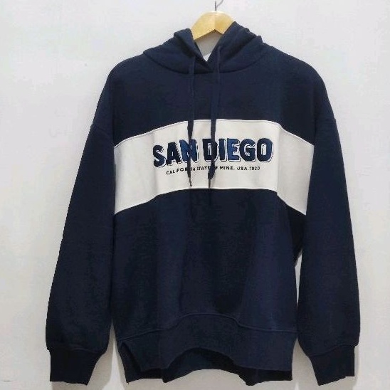 Hoodie Pria WHOAU Size M INA XL-2XL Navy Putih dengan Tulisan San Diego USA 1920