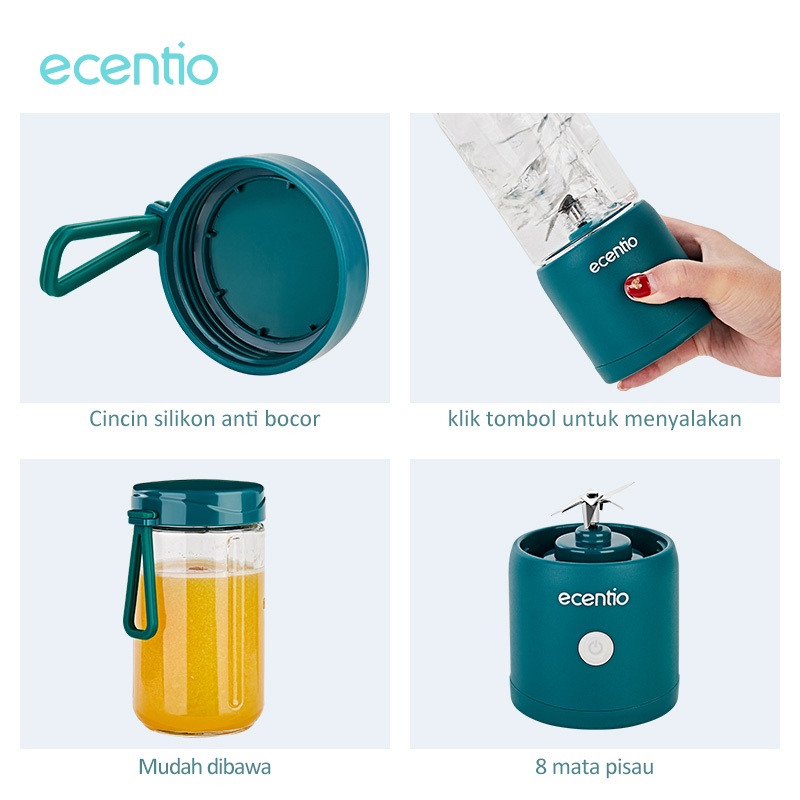 ecentio blender mini blender portable 380ml USB 8 Mata Pisau 304 stainless steel 2 gelas cangkir kaca hijau tua