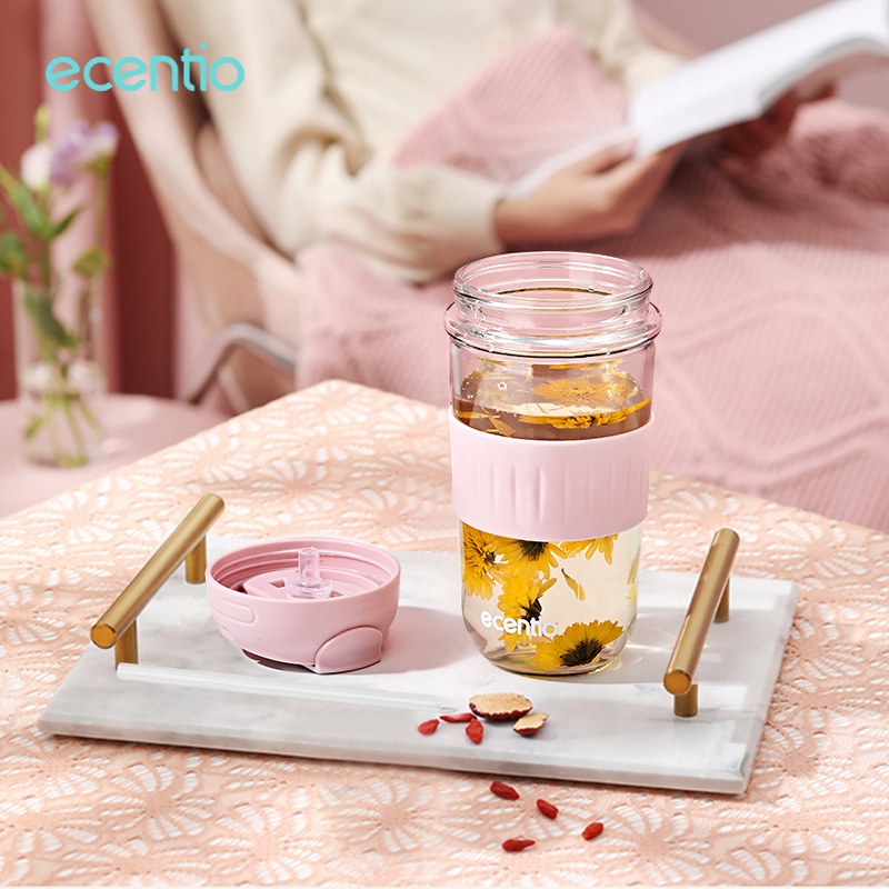 ecentio botol minum anak sedotan kaca 500ml korean/tumbler minum portable/Tempat Minum Gelas Pink/Hijau/cangkir kopi