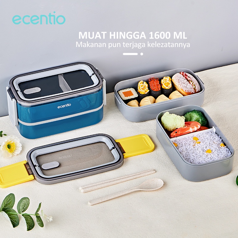 ecentio kotak makan Anti tumpah 2 susun 1600ml Dark biru tempat makan anak sekolah/lunch box tepak bekal makan 2 susun portabel oval besar biru/free sendok