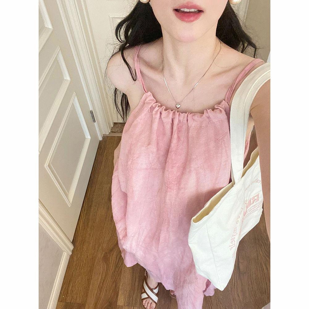 Gaun Suspender Lipit Cantik, Merah Muda untuk Wanita2023Gaun Asli Gaya Korea Musim Panas