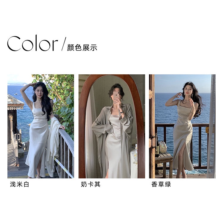 2023Gaun Satin Suspender Wanita, Gaun Ramping Setengah Panjang Prancis Musim Panas Warna Putih untuk