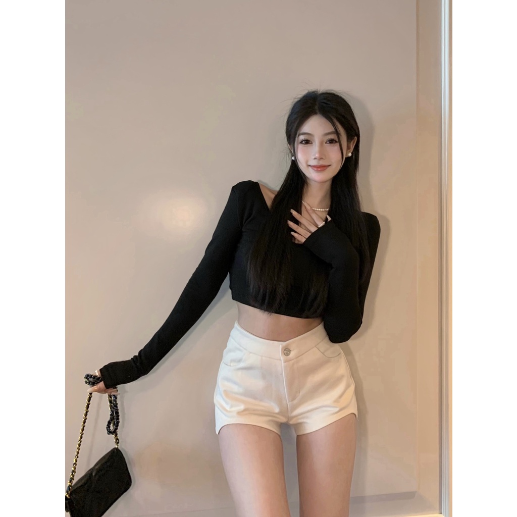 ☈celana wanita impor retro gaya Hong Kong desain tidak teratur kasual celana wanita musim panas slim celana pendek hot girls hot pants lurus a-line celana celana wanita celana highwaist