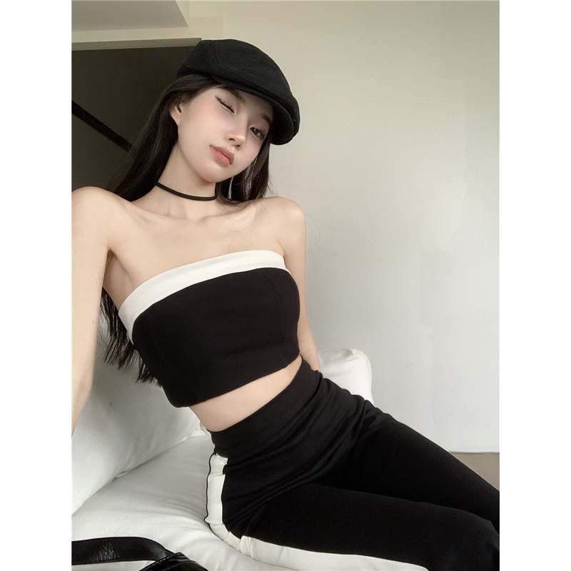 ﹍∋celana wanita import high-end hot girl suit warna hitam kontras tube top vest top women s summer pants flared wide-leg pants two-piece pants wanita celana highwaist