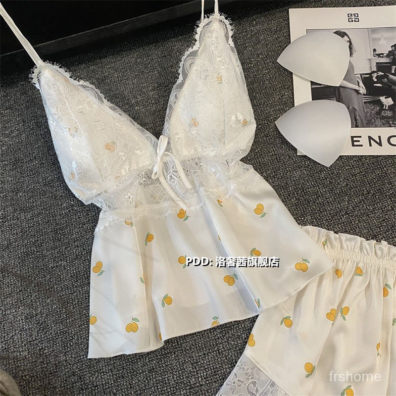 Piyama tulip premium untuk wanita set pakaian santai rompi renda halter halter sutra gaya sutra es