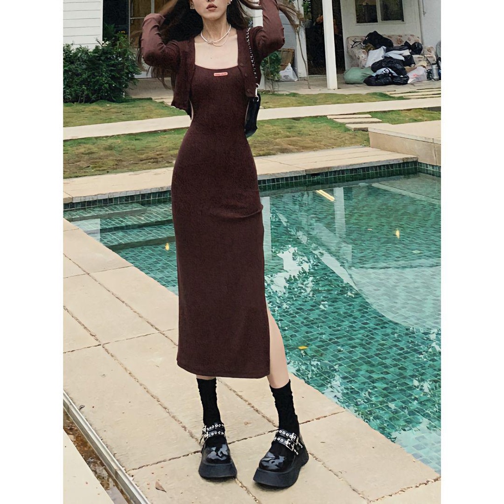 dress floral korea Gaun Sling Pakaian Luar, Kardigan Selempang Dua Potong dengan Bantalan Dada Gaya