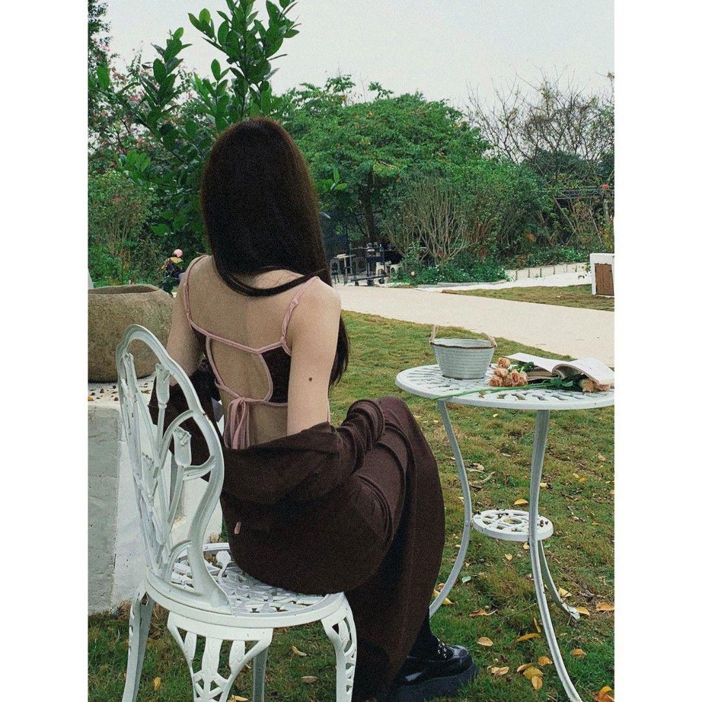 dress floral korea Gaun Sling Pakaian Luar, Kardigan Selempang Dua Potong dengan Bantalan Dada Gaya