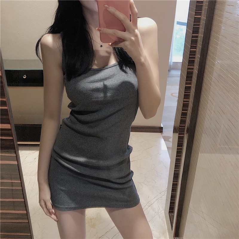 ◊♝gaun musim panas pantai retro tanpa lengan rompi gaun abu-abu gaun wanita musim semi gadis slim slim paket hip rok pendek