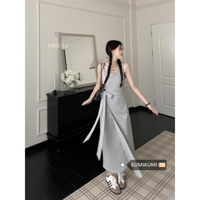 ✜✤❏gaun musim panas pantai abu-abu suspender rok kasual gaun musim panas wanita ceruk desain rompi rok tali slim slim rok panjang