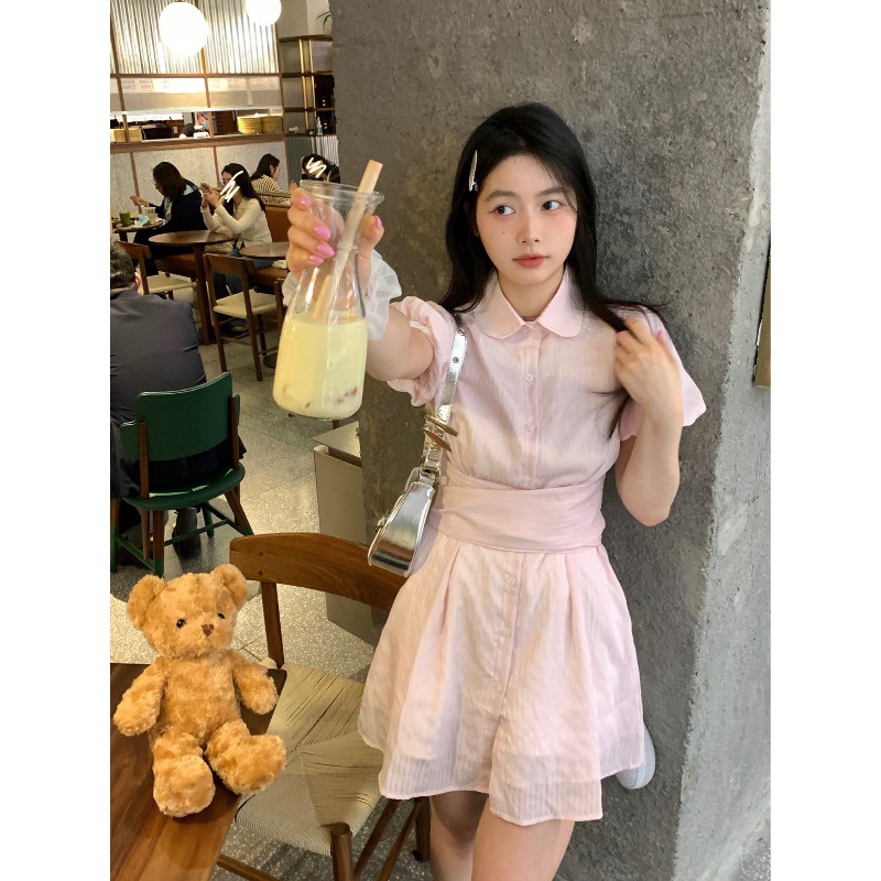 ☸❣dress summer beach pink POLO collar puff sleeve shirt dress female summer sweet hot girl waist slimming short skirt