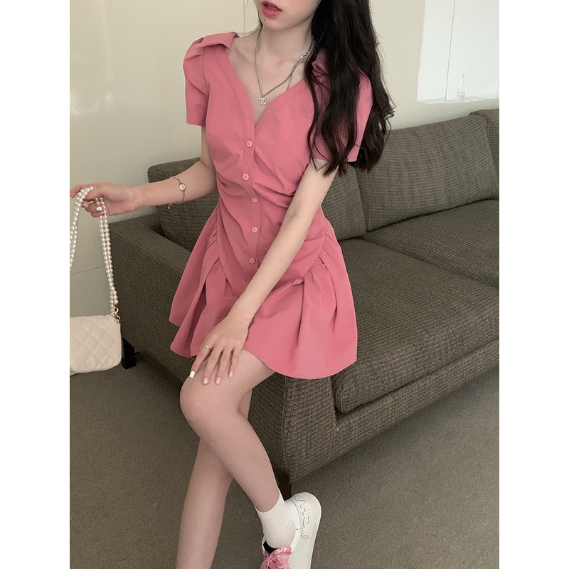 ✆▤™dress summer beach French V-neck puff sleeve dress women s summer design sense ceruk pinggang rok kecil rok yang chic