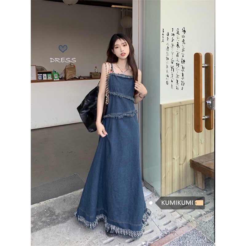 ❏gaun musim panas pantai retro rumbai denim suspender gaun wanita musim panas rasa desain buka kembali pinggang rok panjang