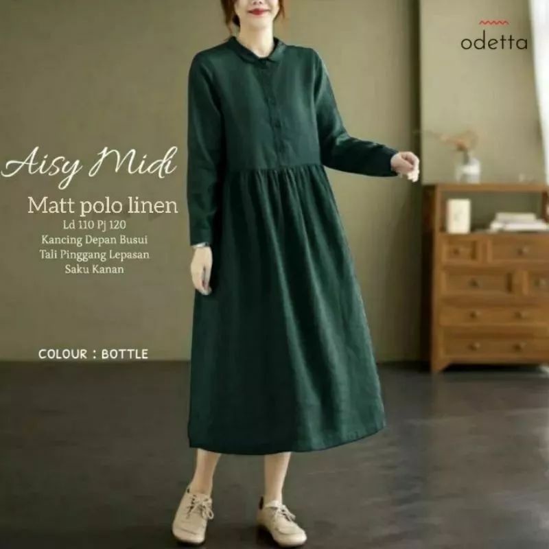 aisy midi dress free belt bahan polo linen LD 110